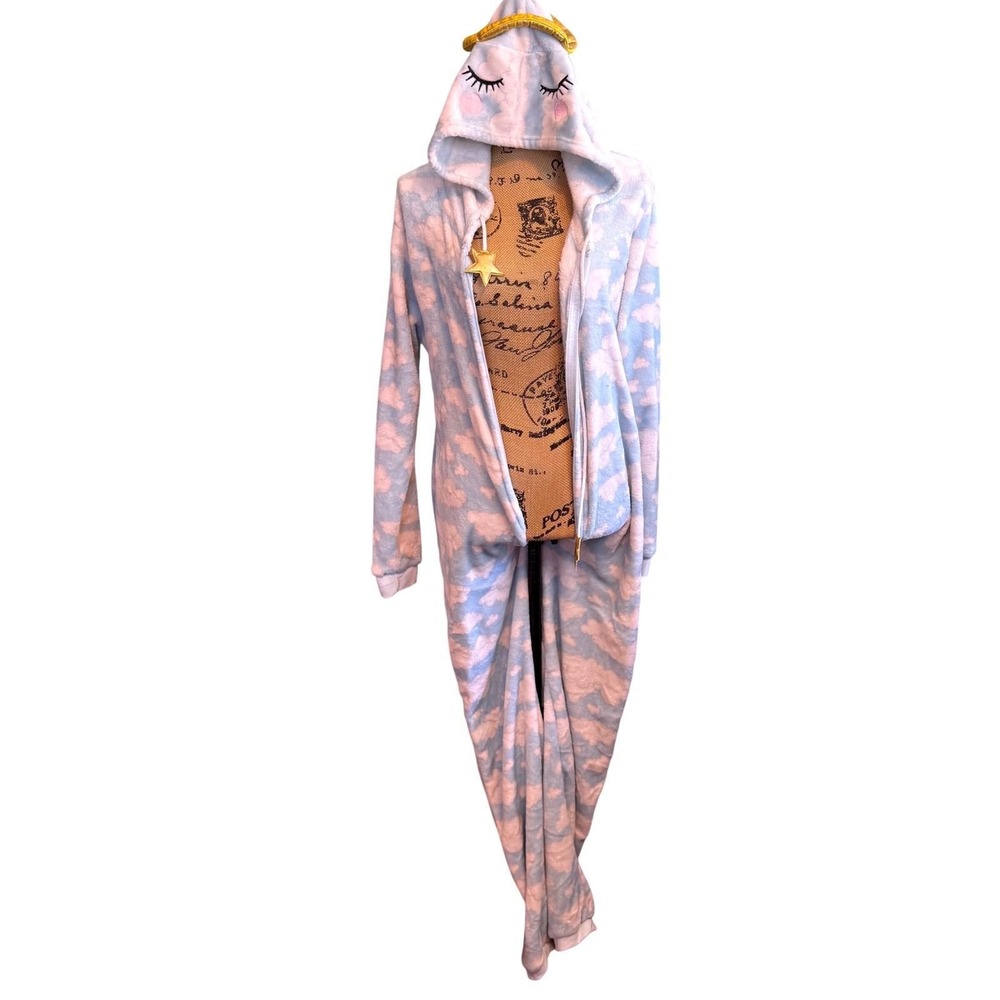 True by Rue21 Cloud Print Angel Onesie Pajamas Blue Gold Wings Halo Womens Large